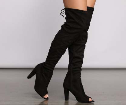 Over The Knee Open Toe Block Heeled Boots - Lady Occasions