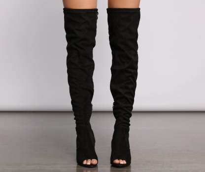 Over The Knee Open Toe Block Heeled Boots - Lady Occasions