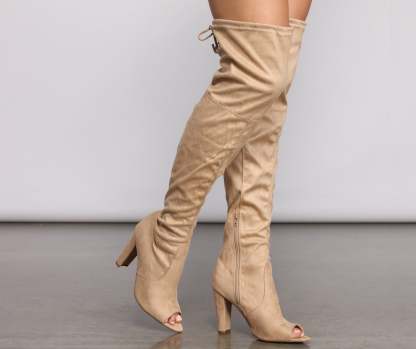 Over The Knee Open Toe Block Heeled Boots - Lady Occasions