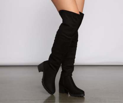 Faux Suede Over The Knee Lug Sole Boots - Lady Occasions