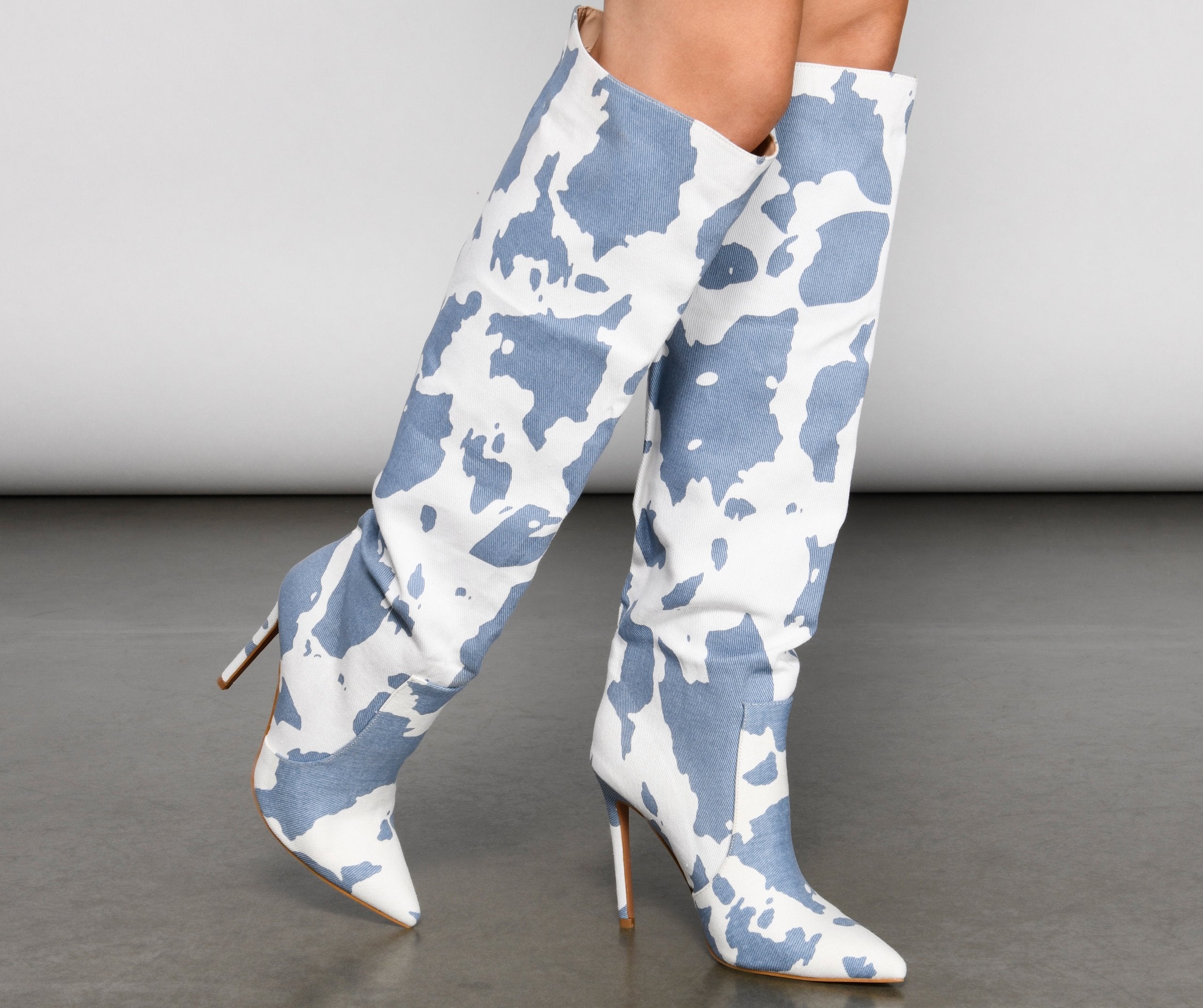 Moo Over Denim Knee-High Stiletto Boots - Lady Occasions