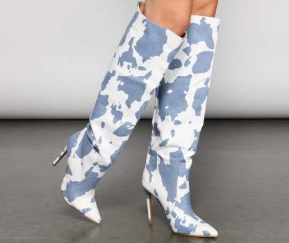 Moo Over Denim Knee-High Stiletto Boots - Lady Occasions