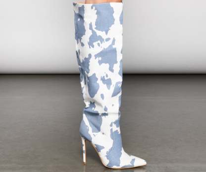 Moo Over Denim Knee-High Stiletto Boots - Lady Occasions