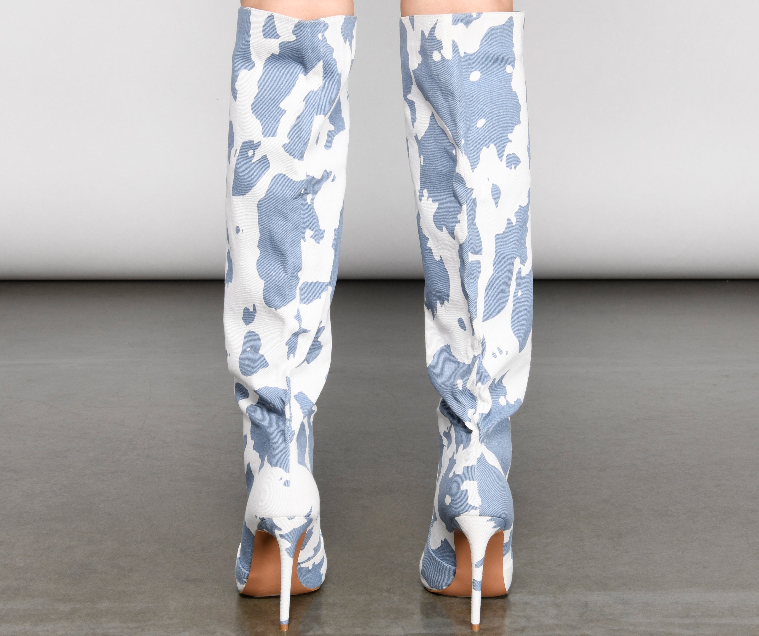 Moo Over Denim Knee-High Stiletto Boots - Lady Occasions