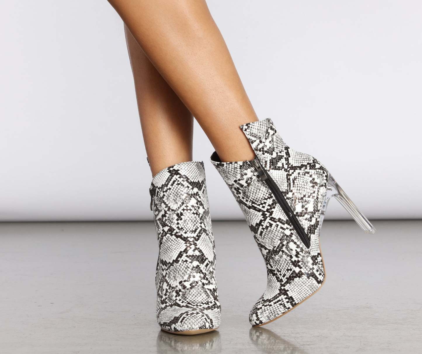 Come Thru Snake Print Clear Heeled Booties - Lady Occasions