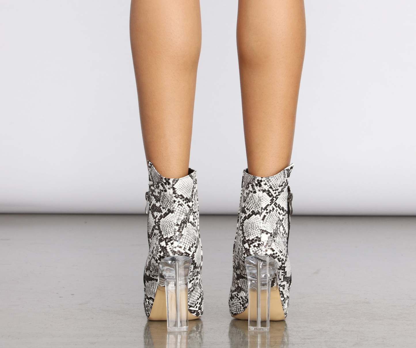 Come Thru Snake Print Clear Heeled Booties - Lady Occasions