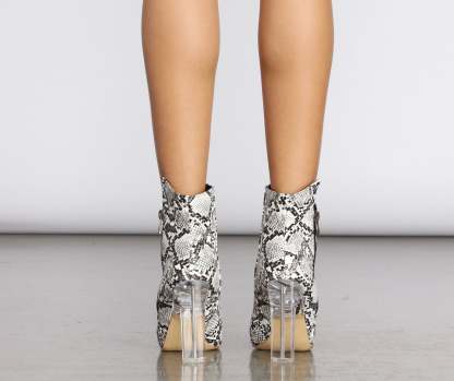 Come Thru Snake Print Clear Heeled Booties - Lady Occasions
