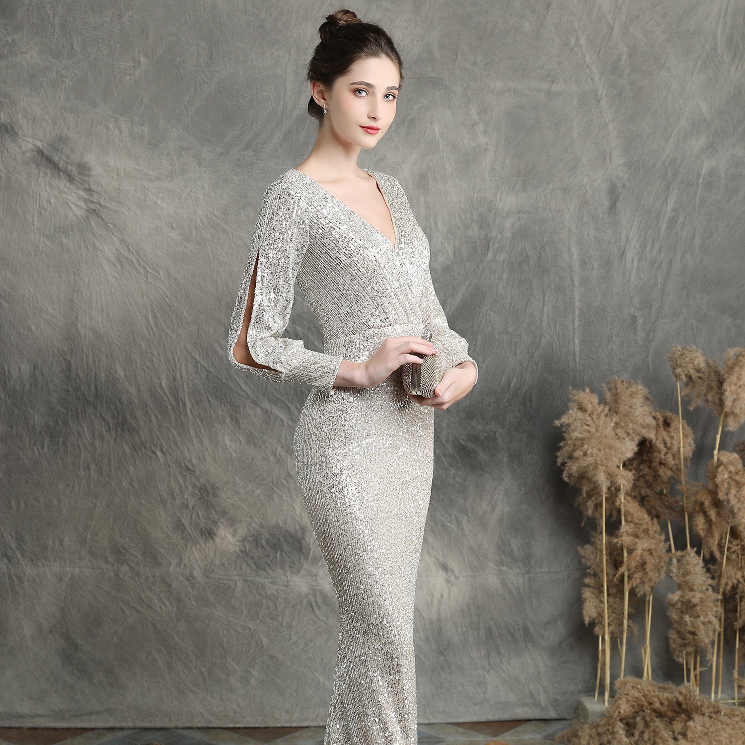 Ella long-sleeve sequined formal fishtail dress - Lady Occasions