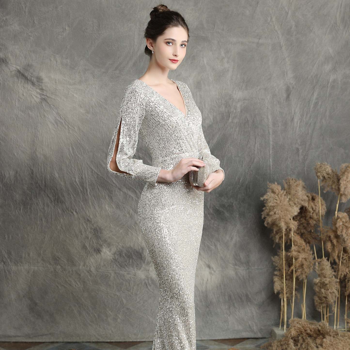 Ella long-sleeve sequined formal fishtail dress - Lady Occasions