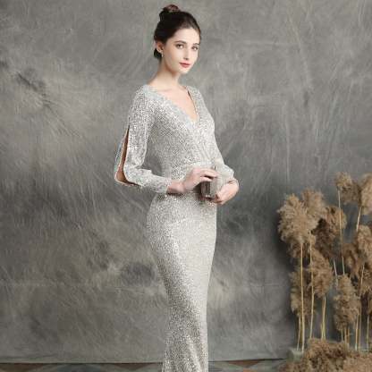 Ella long-sleeve sequined formal fishtail dress - Lady Occasions