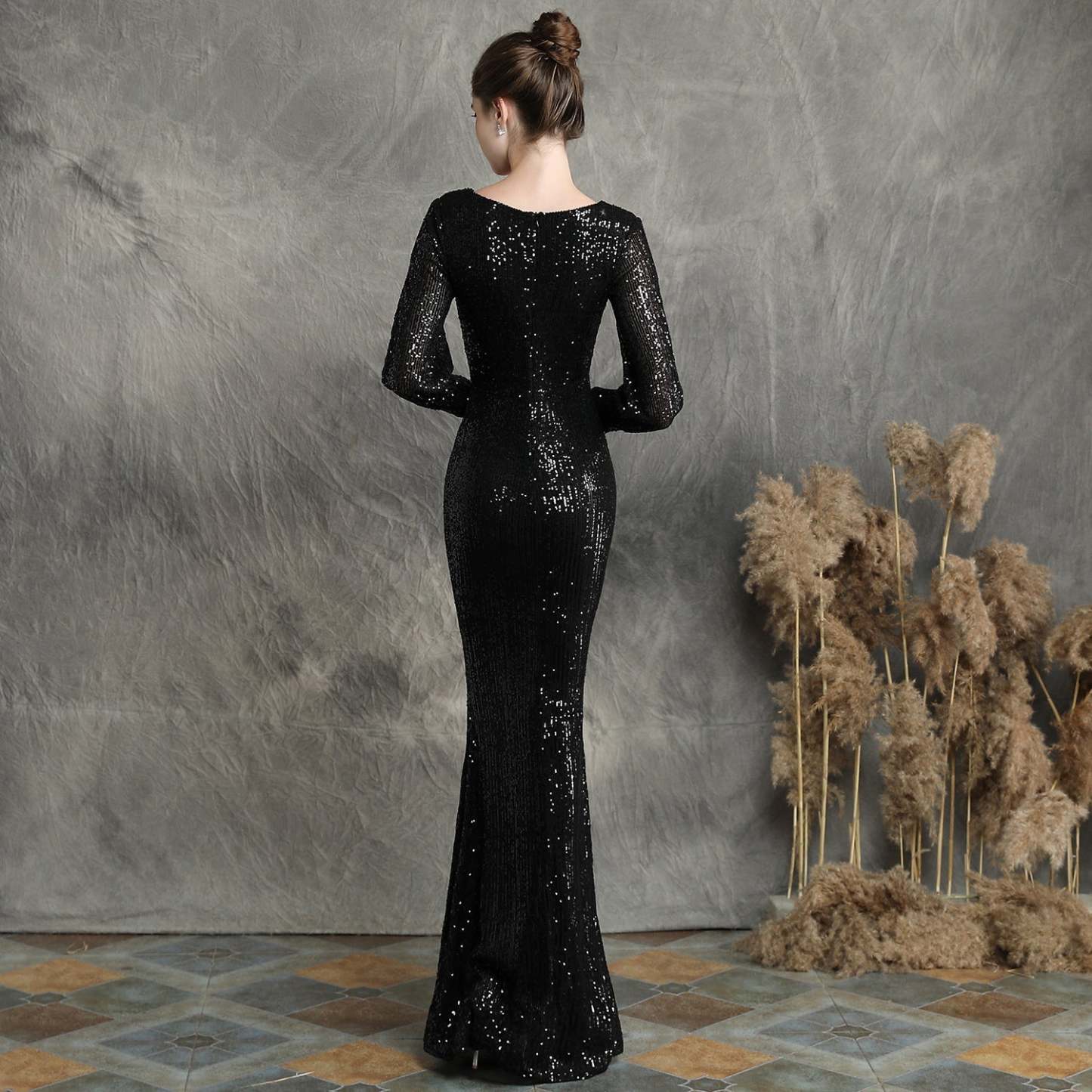 Ella long-sleeve sequined formal fishtail dress - Lady Occasions