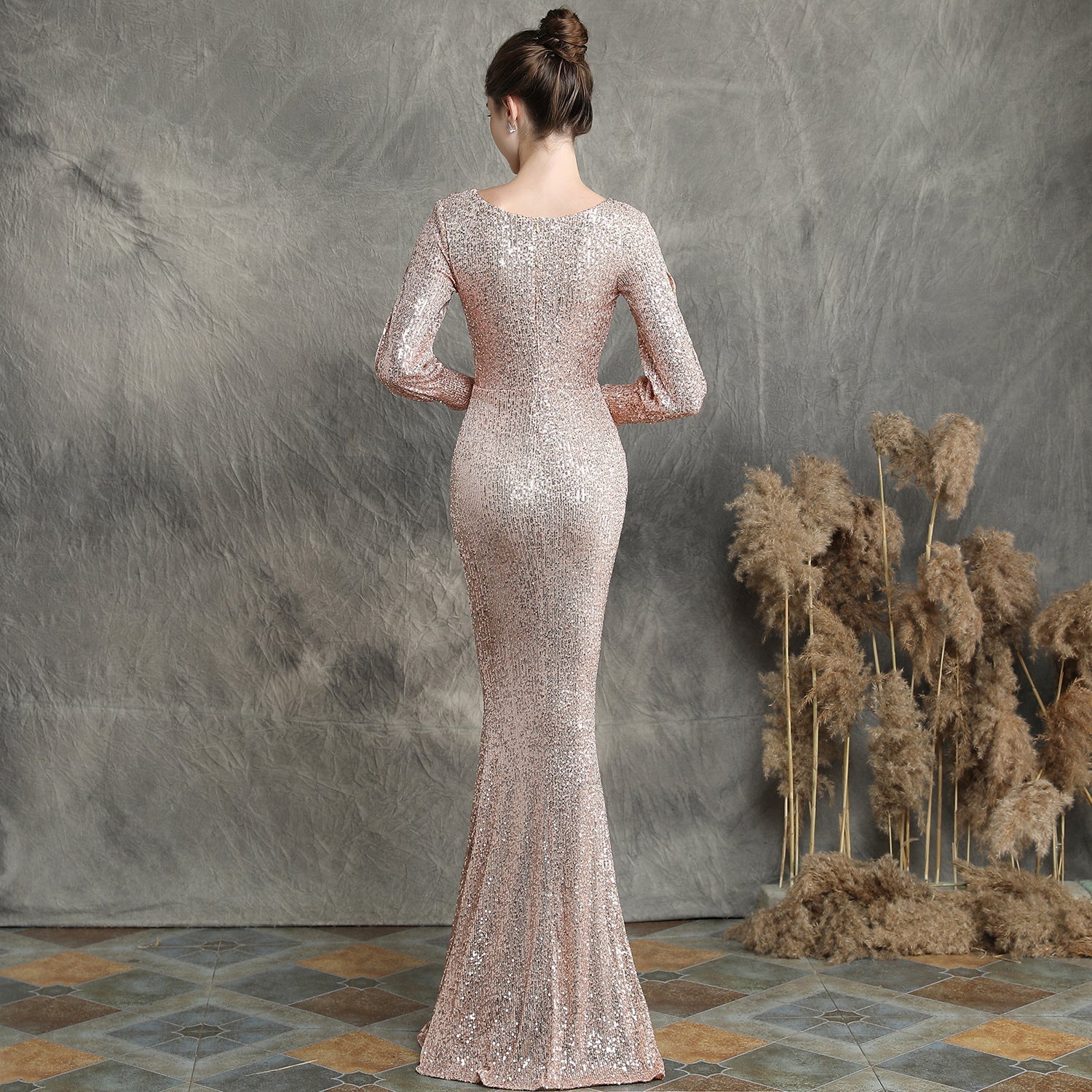 Ella long-sleeve sequined formal fishtail dress - Lady Occasions