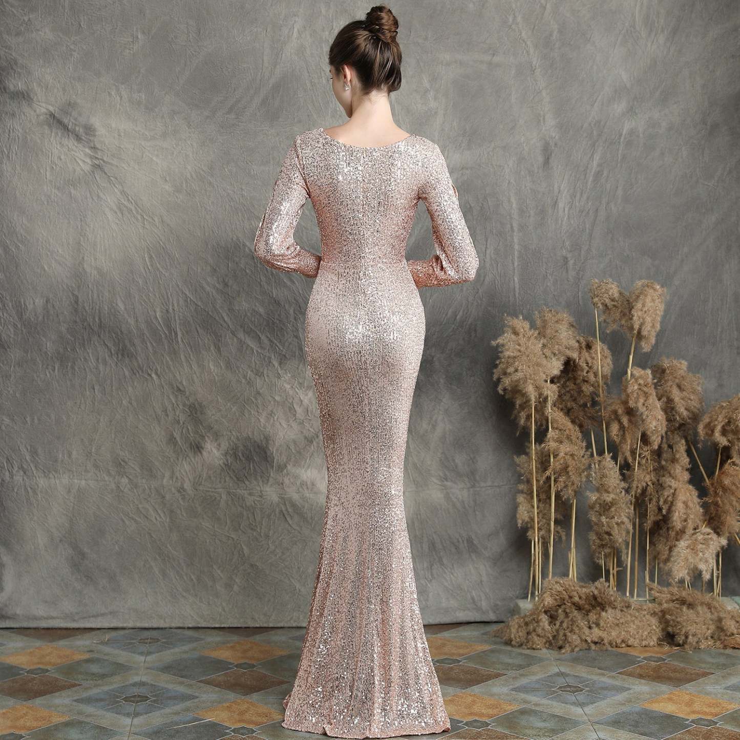 Ella long-sleeve sequined formal fishtail dress - Lady Occasions