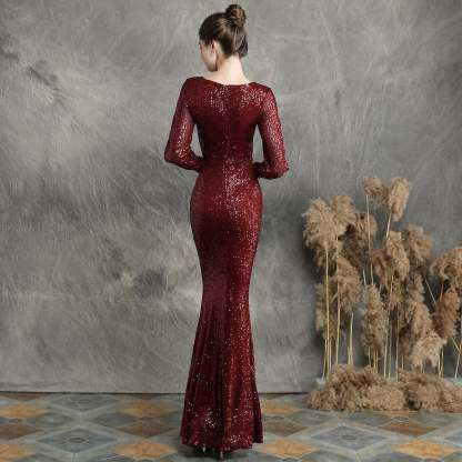 Ella long-sleeve sequined formal fishtail dress - Lady Occasions