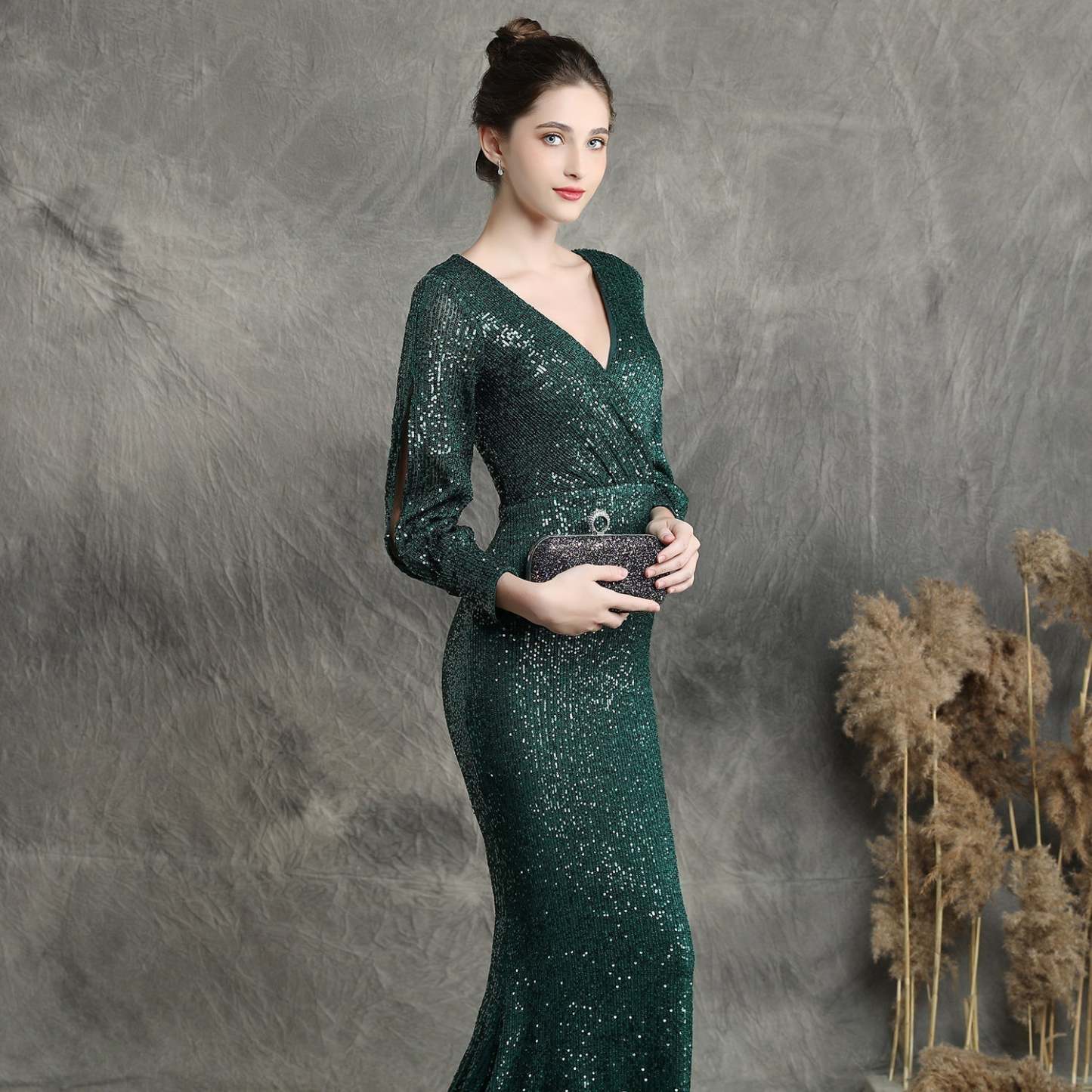 Ella long-sleeve sequined formal fishtail dress - Lady Occasions