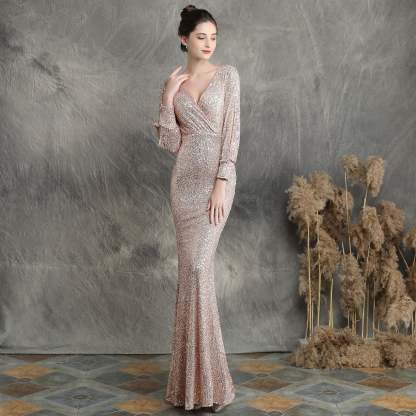 Ella long-sleeve sequined formal fishtail dress - Lady Occasions