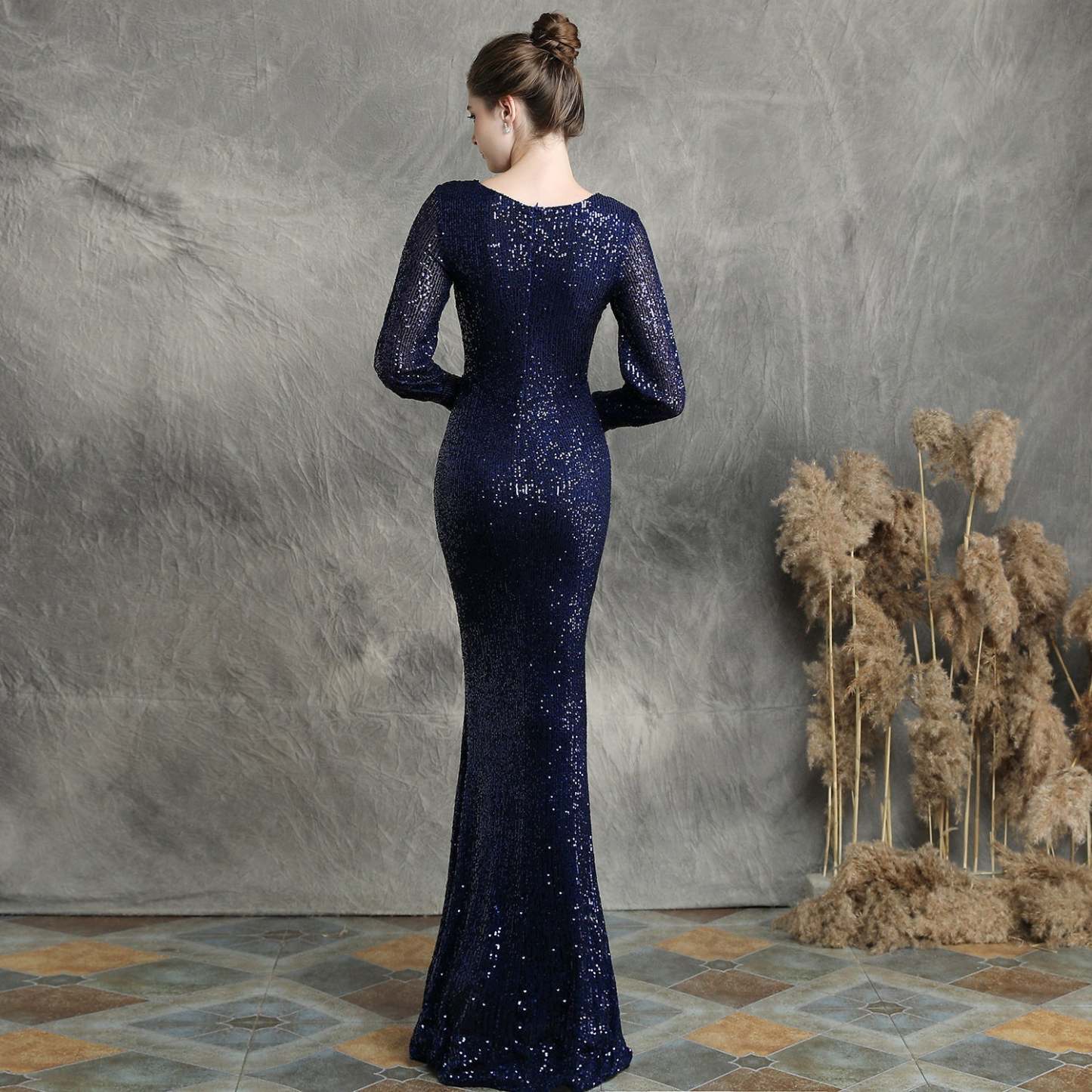 Ella long-sleeve sequined formal fishtail dress - Lady Occasions