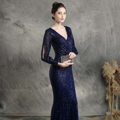 Ella long-sleeve sequined formal fishtail dress - Lady Occasions