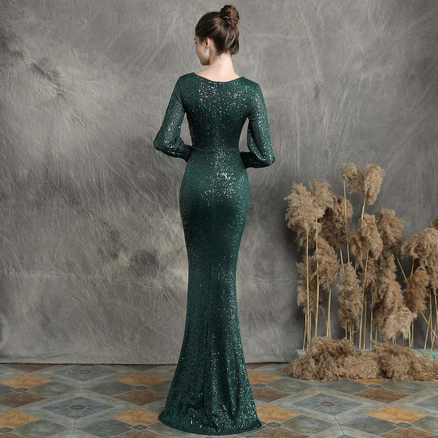 Ella long-sleeve sequined formal fishtail dress - Lady Occasions
