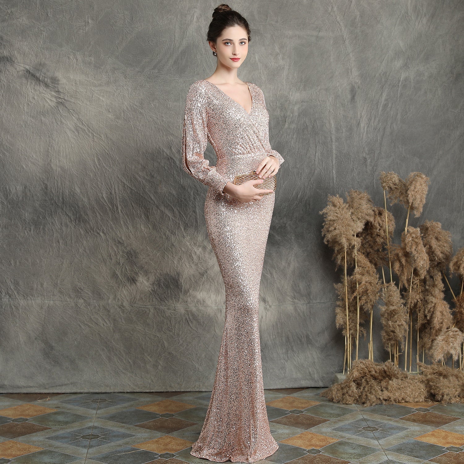 Ella long-sleeve sequined formal fishtail dress - Lady Occasions