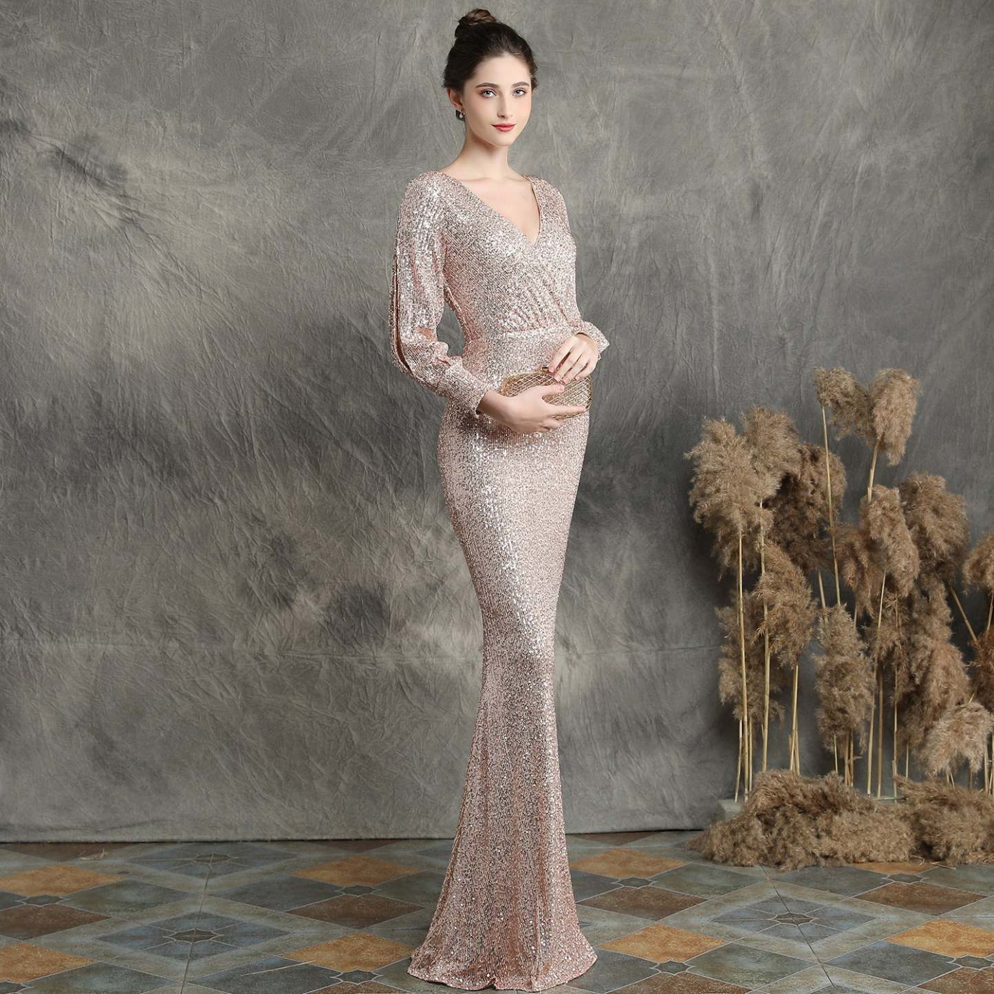 Ella long-sleeve sequined formal fishtail dress - Lady Occasions