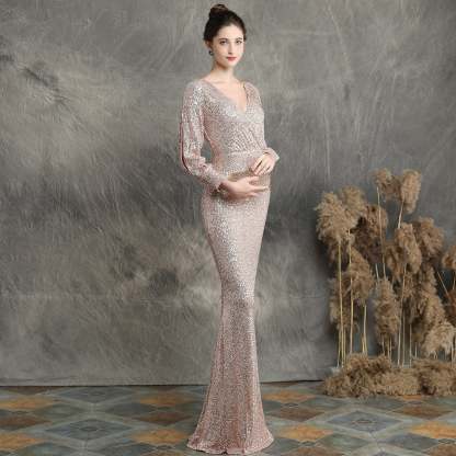 Ella long-sleeve sequined formal fishtail dress - Lady Occasions