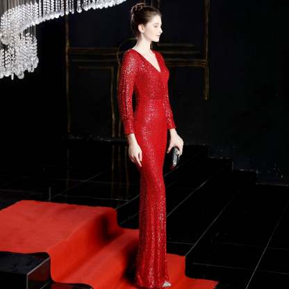 Ella long-sleeve sequined formal fishtail dress - Lady Occasions