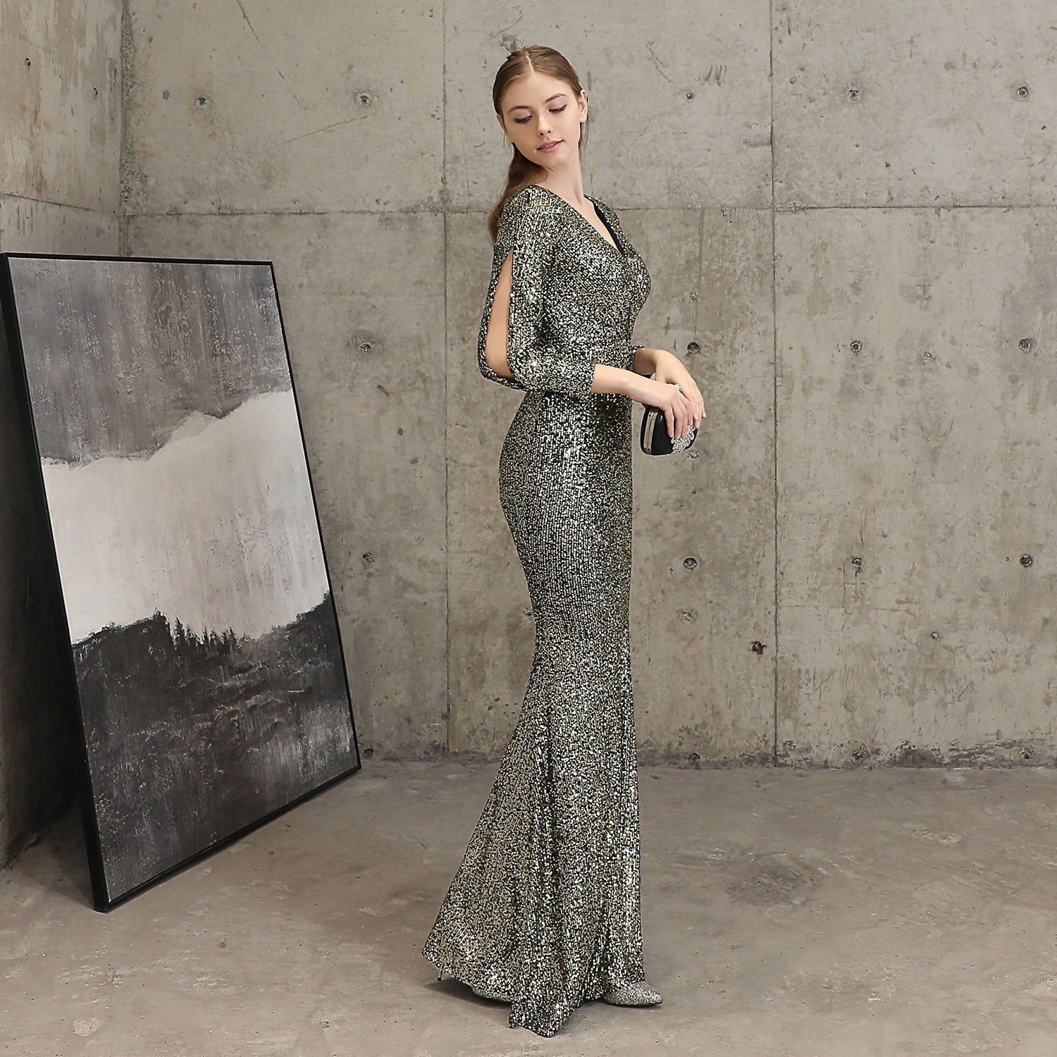 Ella long-sleeve sequined formal fishtail dress - Lady Occasions