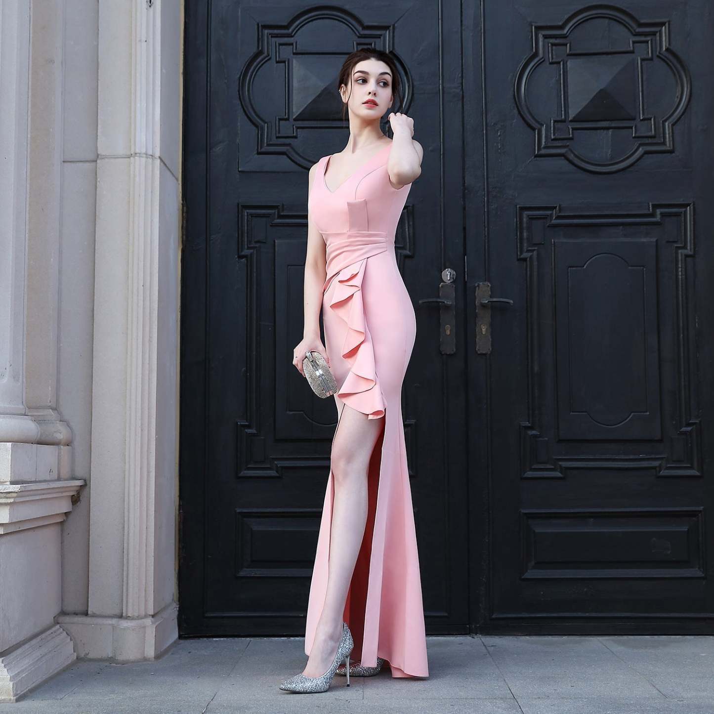 Zanala Formal V-Neck Embellished Slit Dress - Lady Occasions