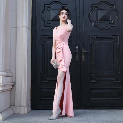 Zanala Formal V-Neck Embellished Slit Dress - Lady Occasions