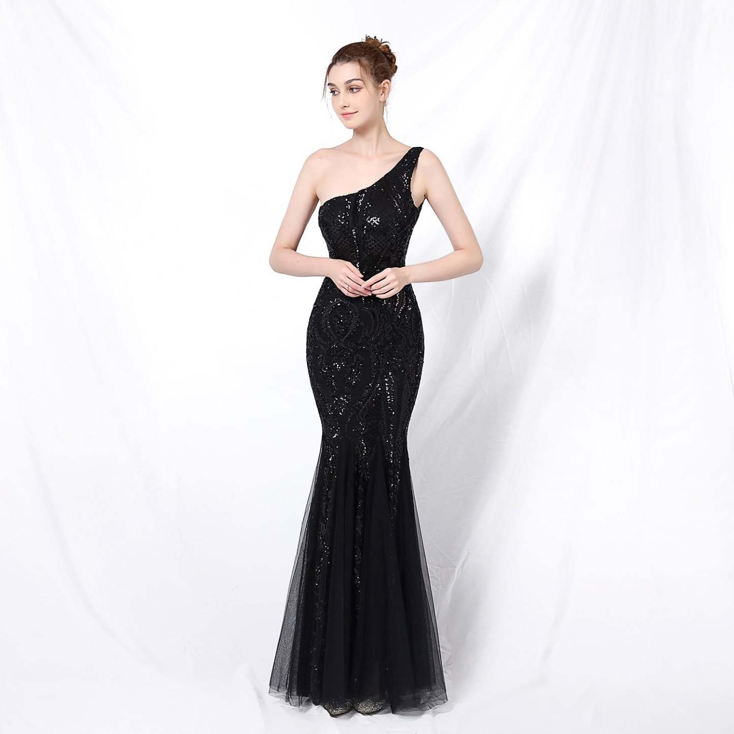 Emily formal one-shoulder sequined mesh fishtail dress - Lady Occasions