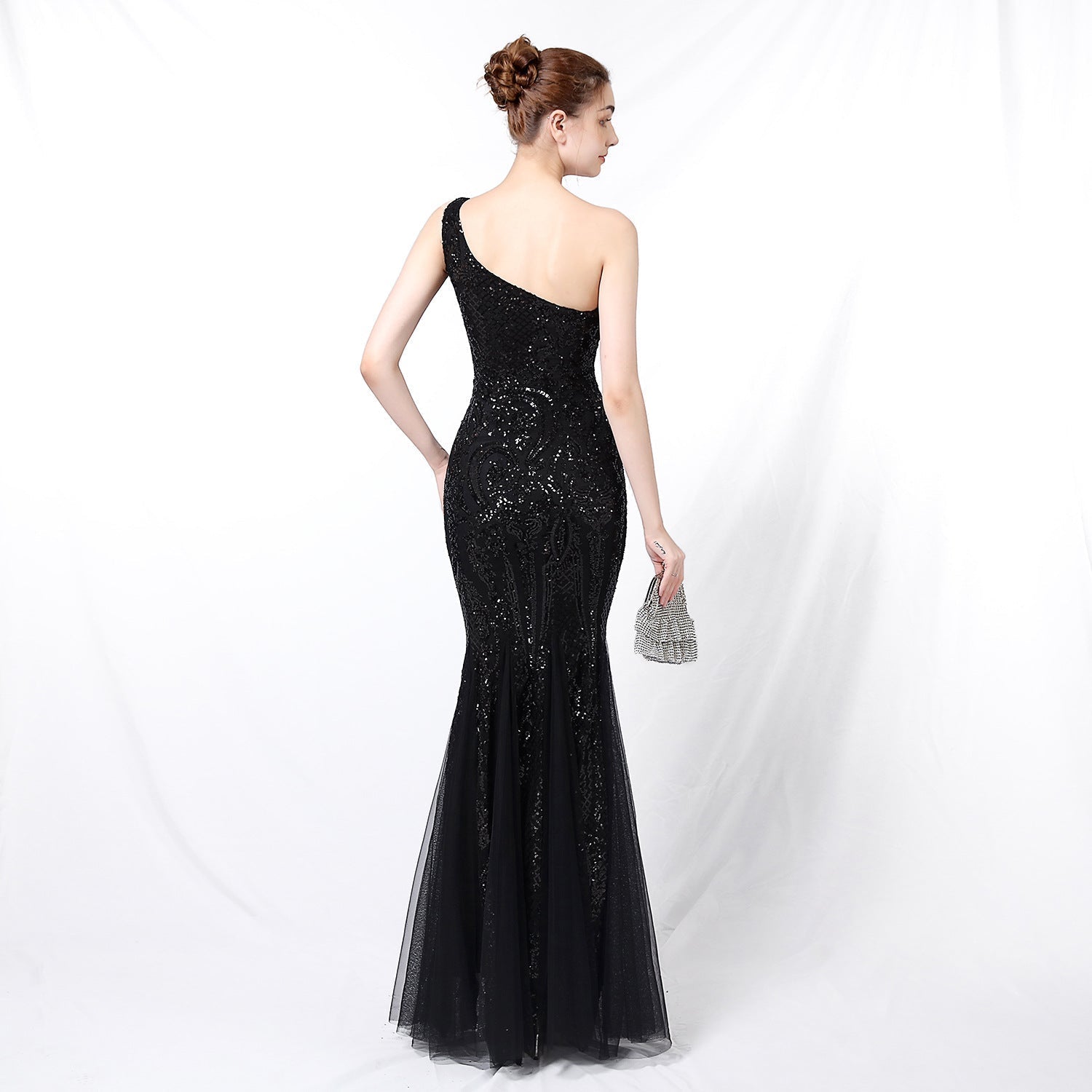 Emily formal one-shoulder sequined mesh fishtail dress - Lady Occasions