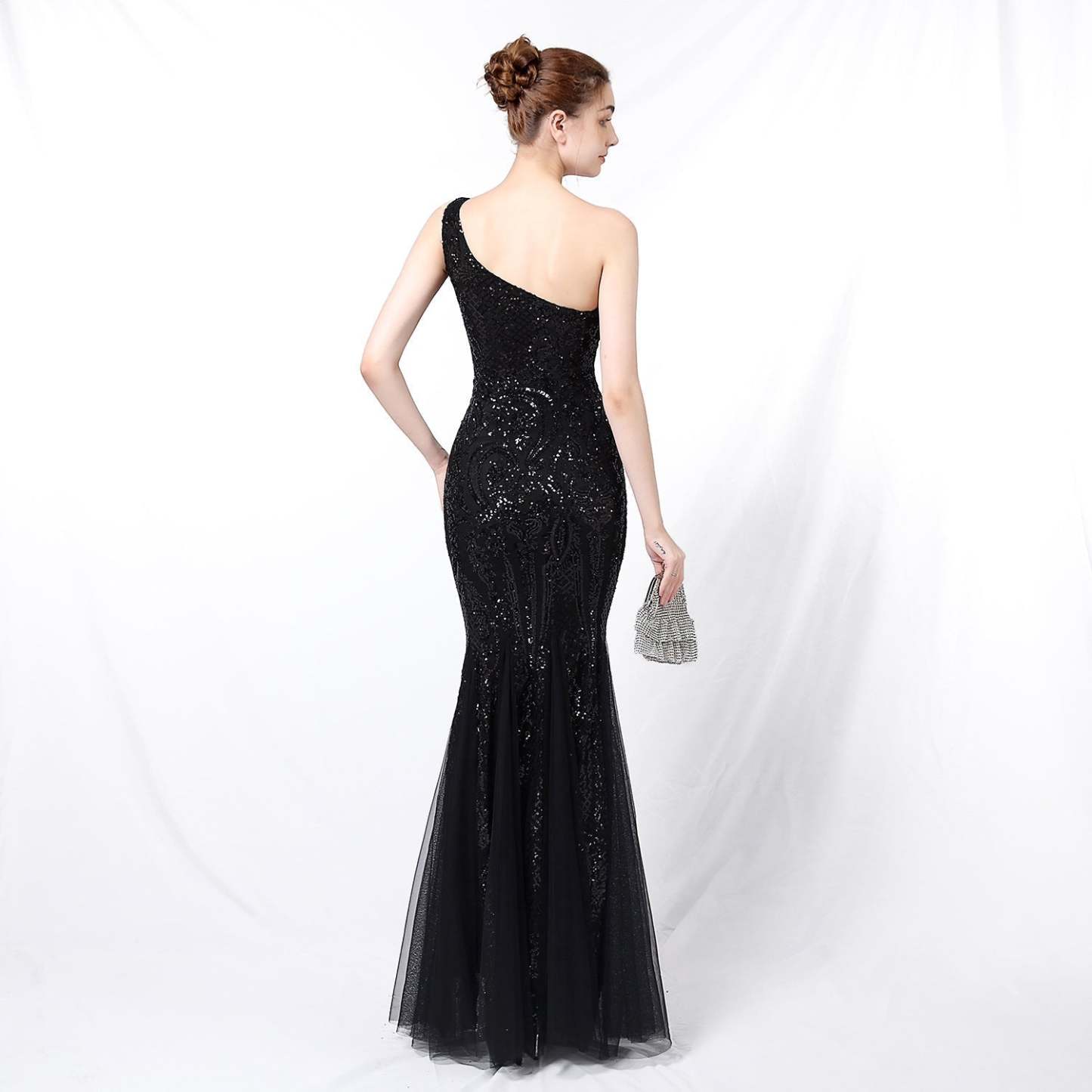 Emily formal one-shoulder sequined mesh fishtail dress - Lady Occasions