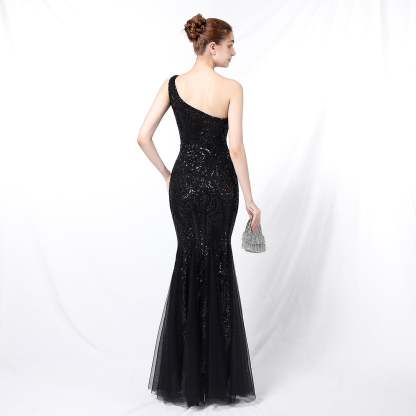 Emily formal one-shoulder sequined mesh fishtail dress - Lady Occasions