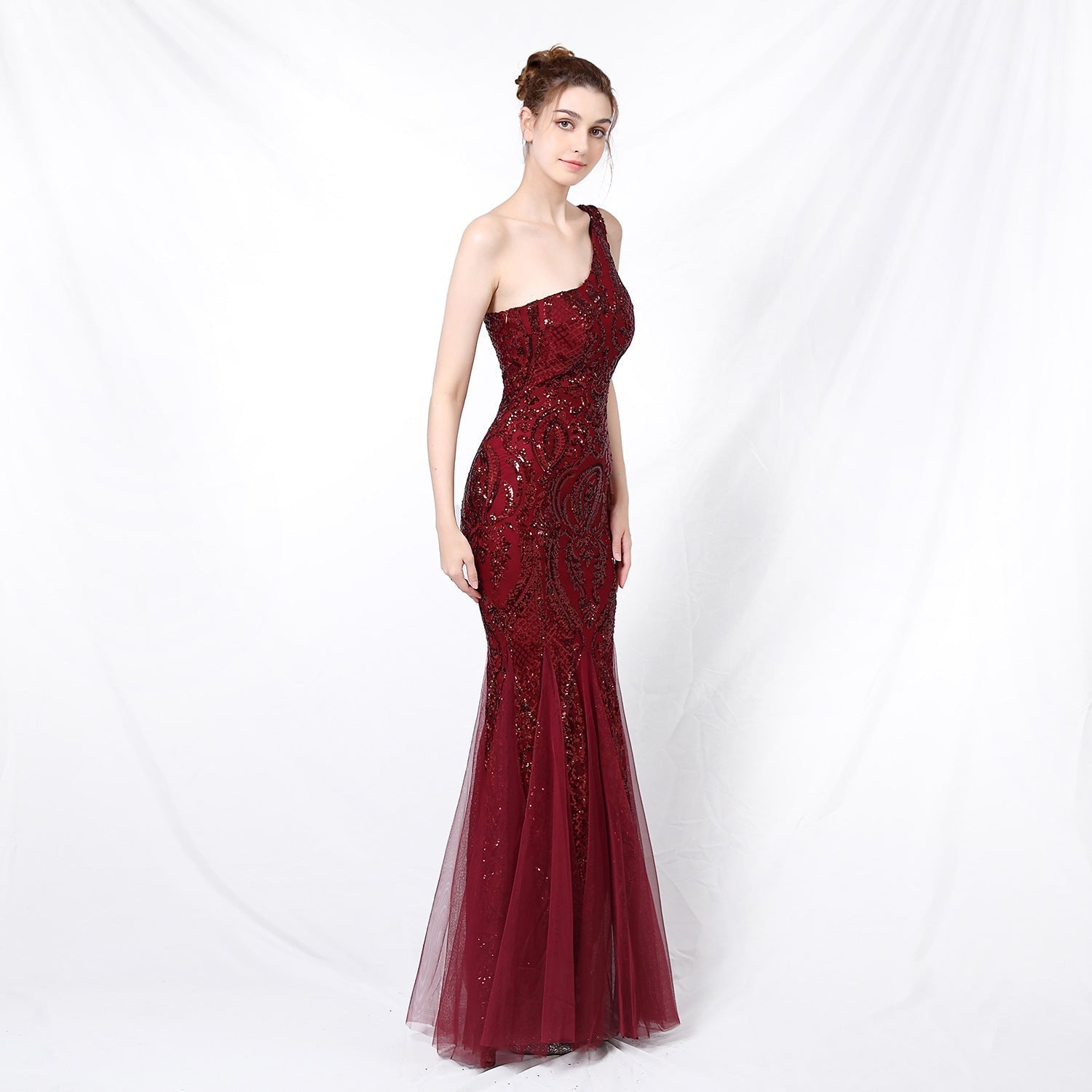 Emily formal one-shoulder sequined mesh fishtail dress - Lady Occasions