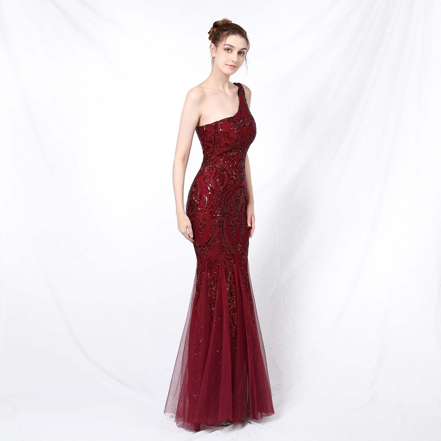 Emily formal one-shoulder sequined mesh fishtail dress - Lady Occasions