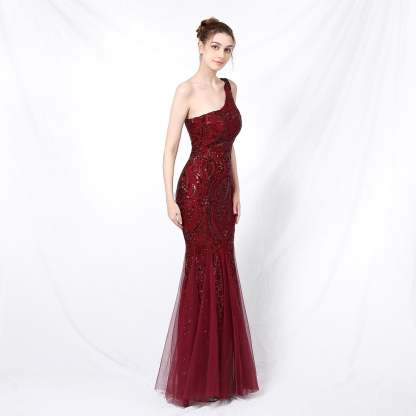 Emily formal one-shoulder sequined mesh fishtail dress - Lady Occasions
