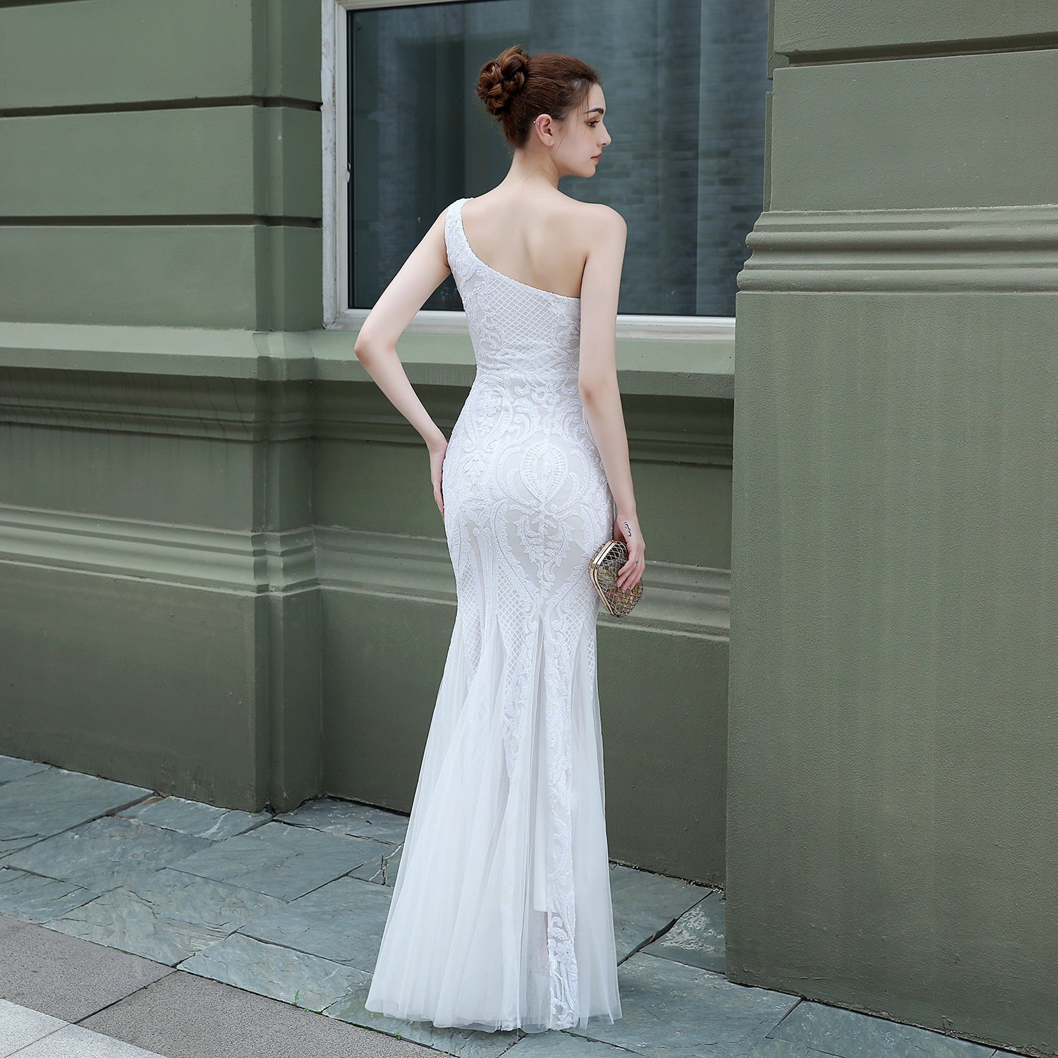 Emily formal one-shoulder sequined mesh fishtail dress - Lady Occasions