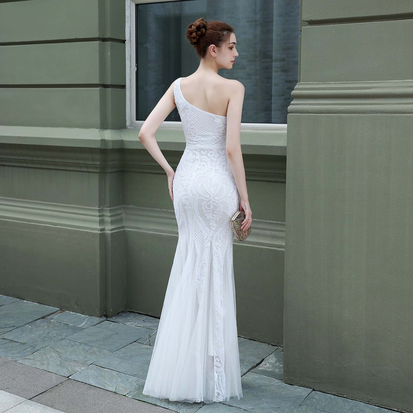 Emily formal one-shoulder sequined mesh fishtail dress - Lady Occasions