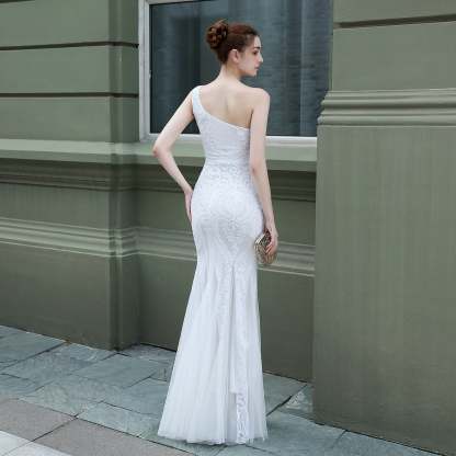 Emily formal one-shoulder sequined mesh fishtail dress - Lady Occasions