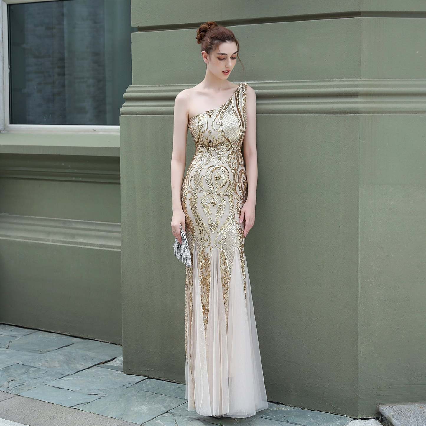 Emily formal one-shoulder sequined mesh fishtail dress - Lady Occasions