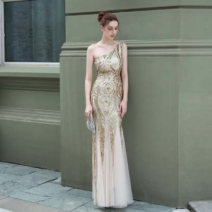 Emily formal one-shoulder sequined mesh fishtail dress - Lady Occasions