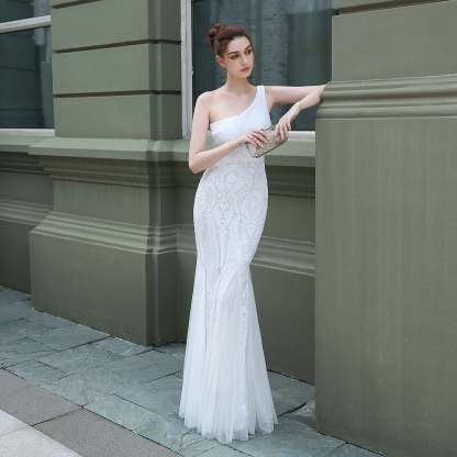 Emily formal one-shoulder sequined mesh fishtail dress - Lady Occasions