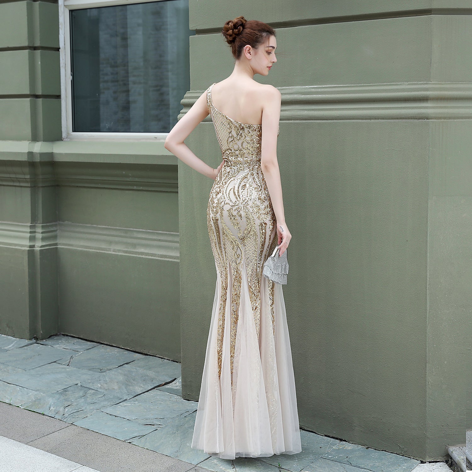 Emily formal one-shoulder sequined mesh fishtail dress - Lady Occasions