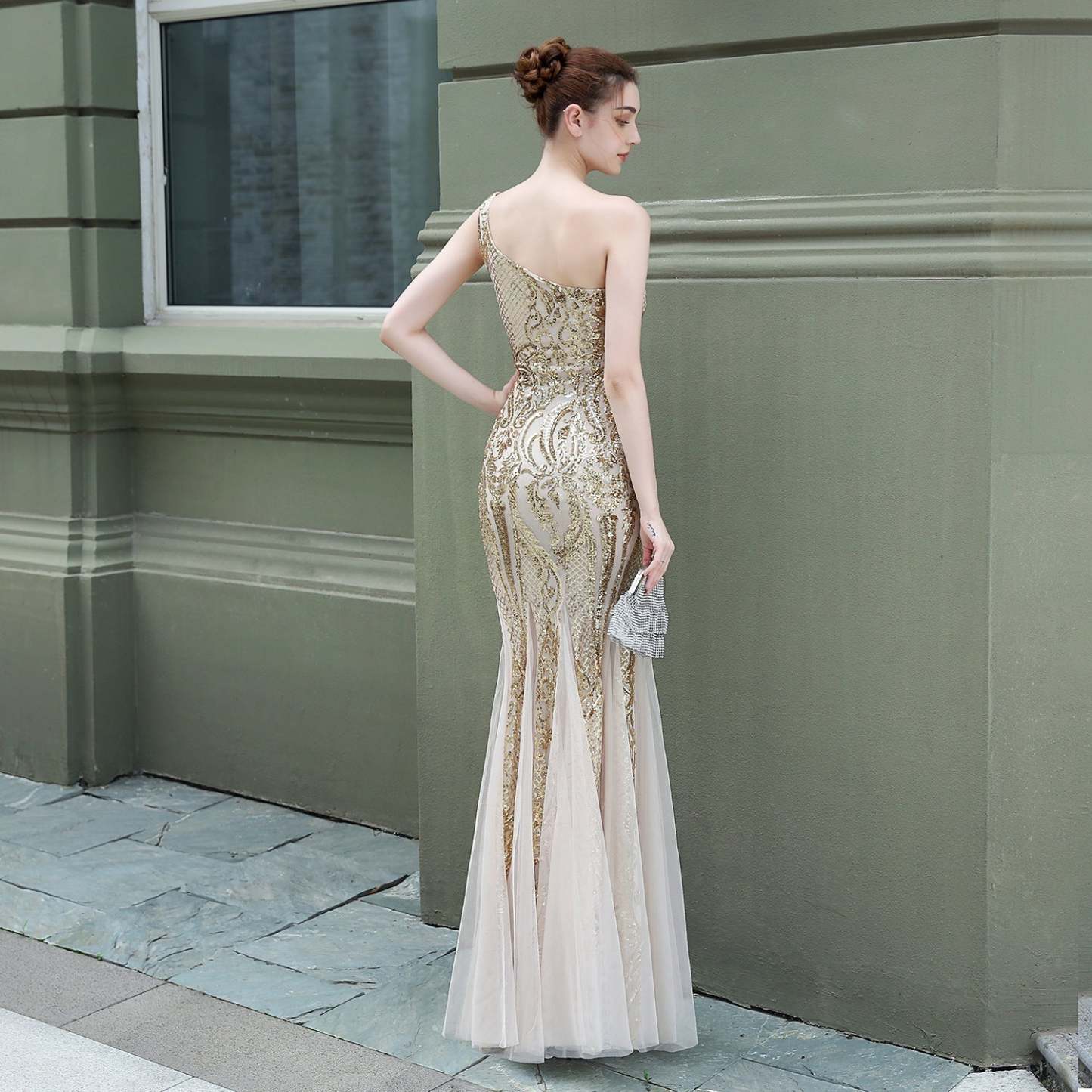 Emily formal one-shoulder sequined mesh fishtail dress - Lady Occasions