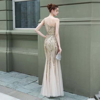 Emily formal one-shoulder sequined mesh fishtail dress - Lady Occasions