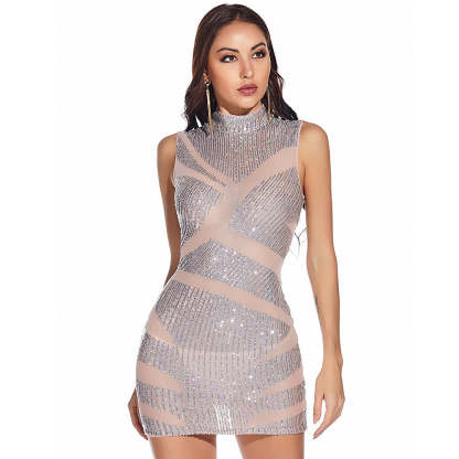 New Formal Sequin Stand Collar Mini Dress - Lady Occasions