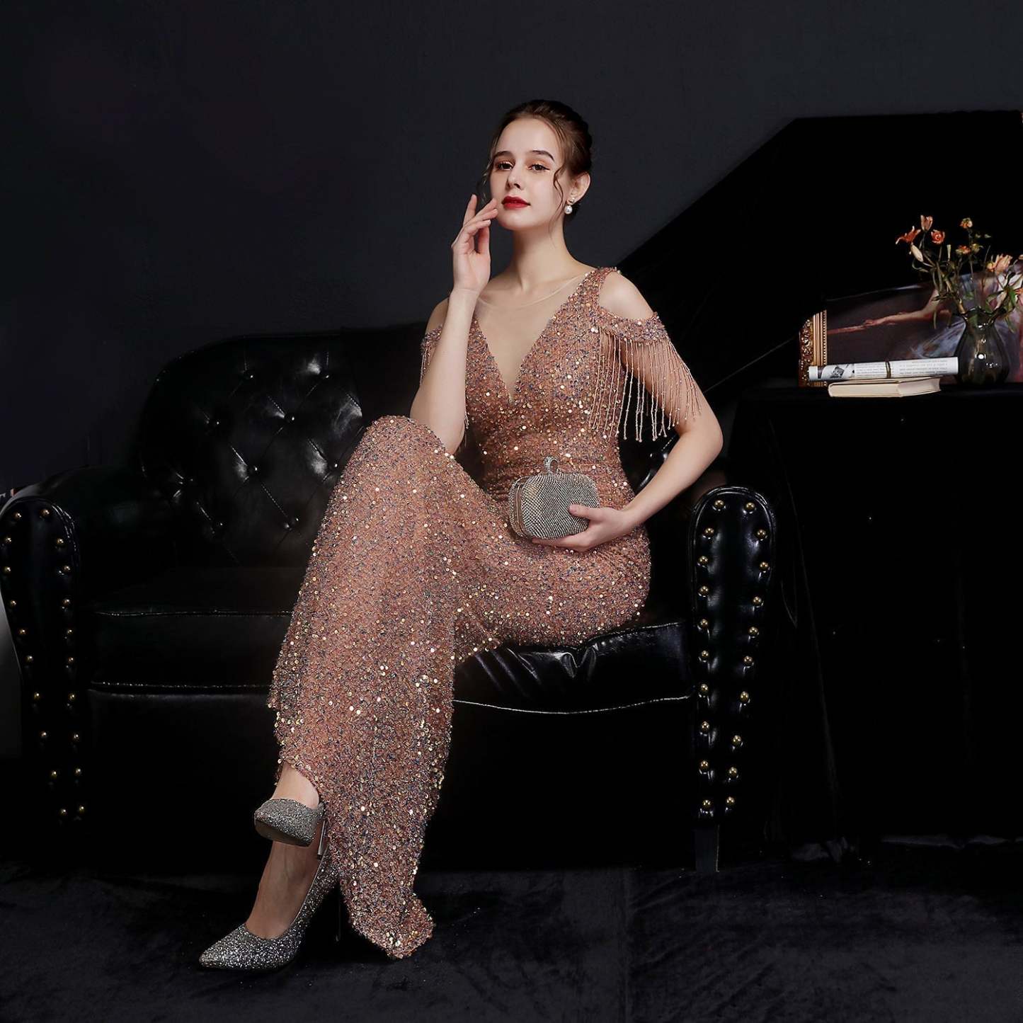 Emery sequined fringed fishtail dress - Lady Occasions