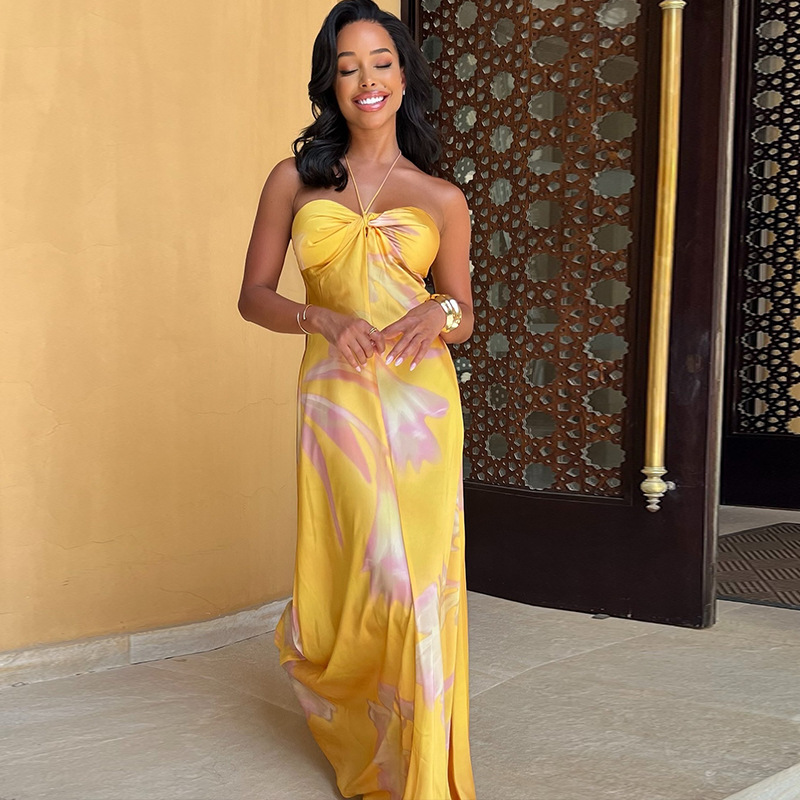 Hanging Neck Printed Floral Design Backless Straight Maxi Dress