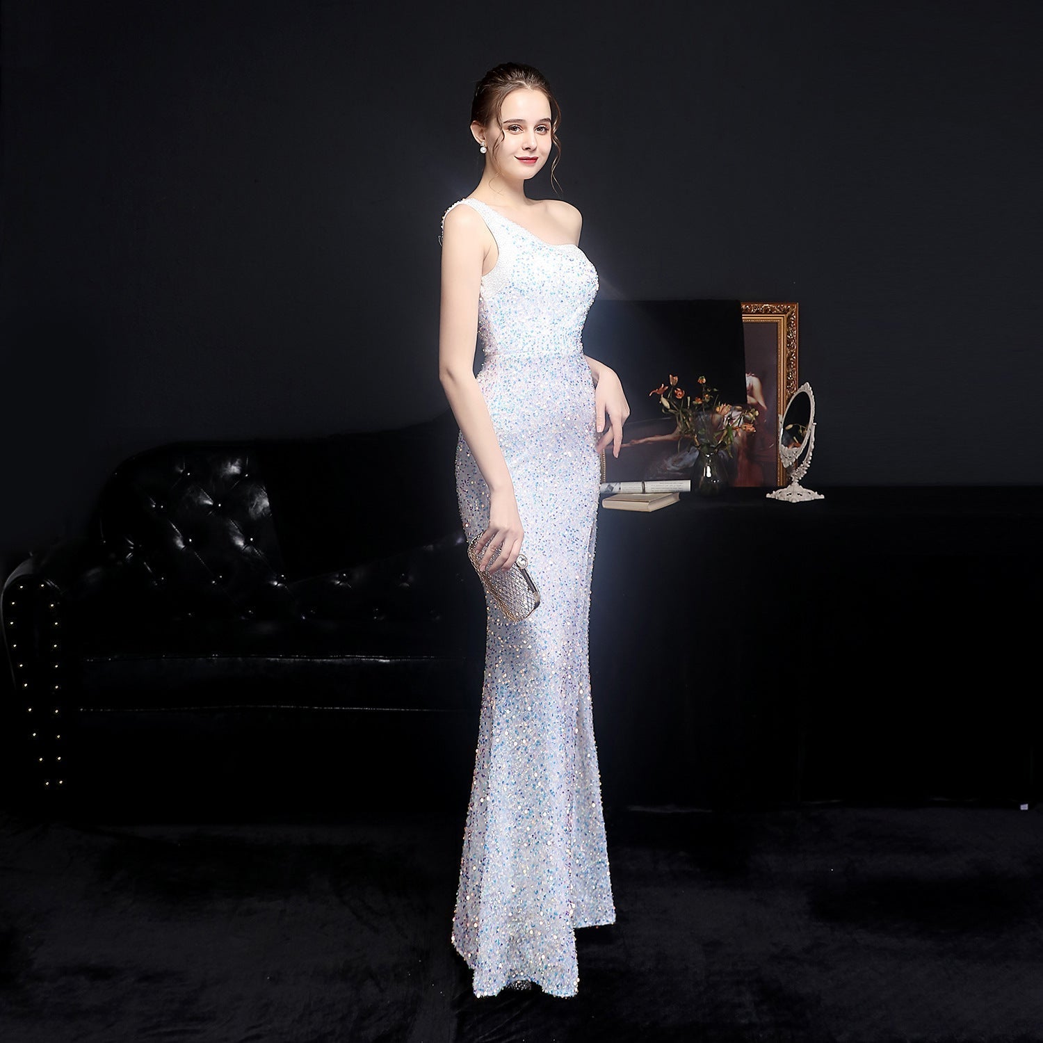 Heary dazzling sequined one-shoulder asymmetric dress - Lady Occasions